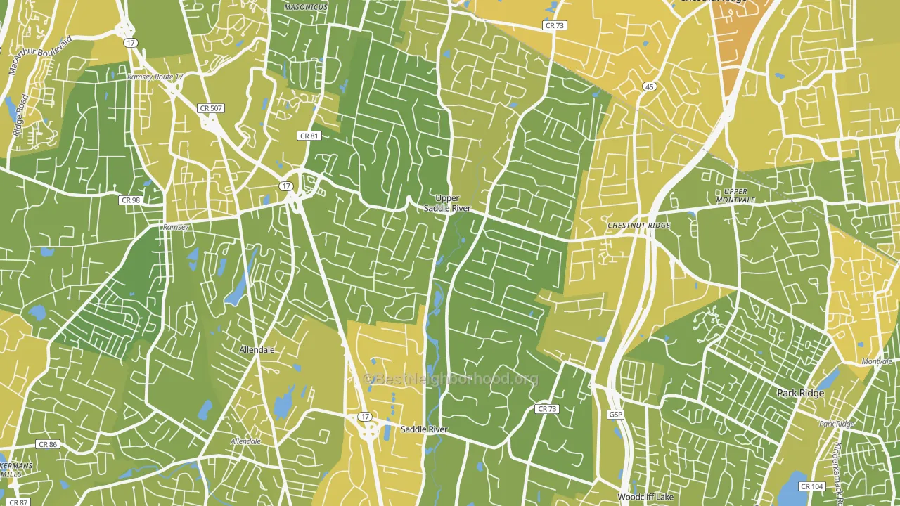Map of the best neighborhoods in the 07458 area, with better matches in green and worse matches in red