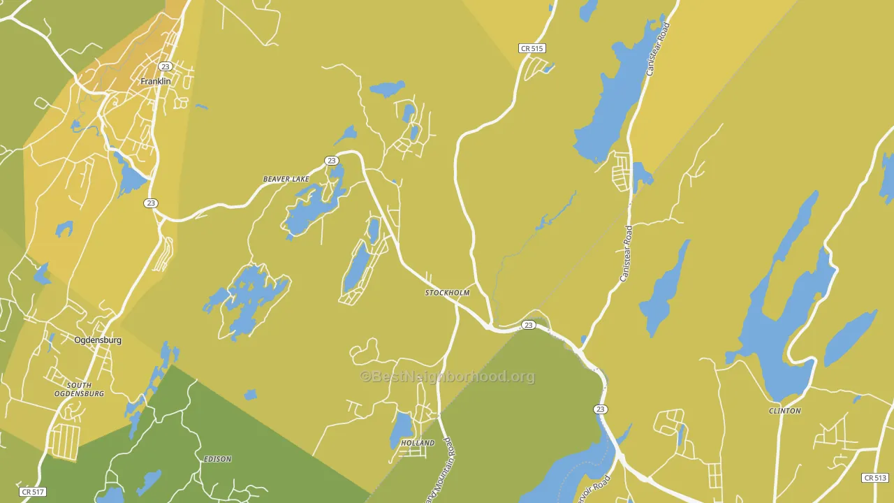 Map of the best neighborhoods in the 07460 area, with better matches in green and worse matches in red