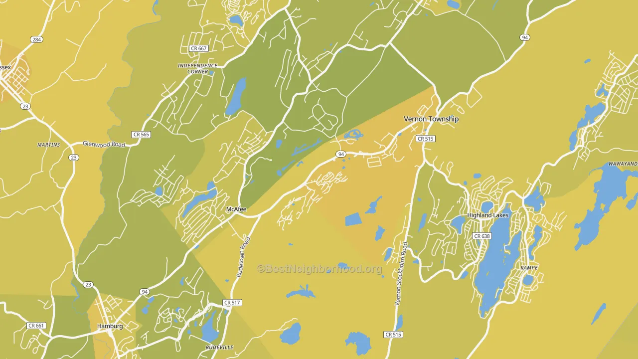 Map of the best neighborhoods in the 07462 area, with better matches in green and worse matches in red