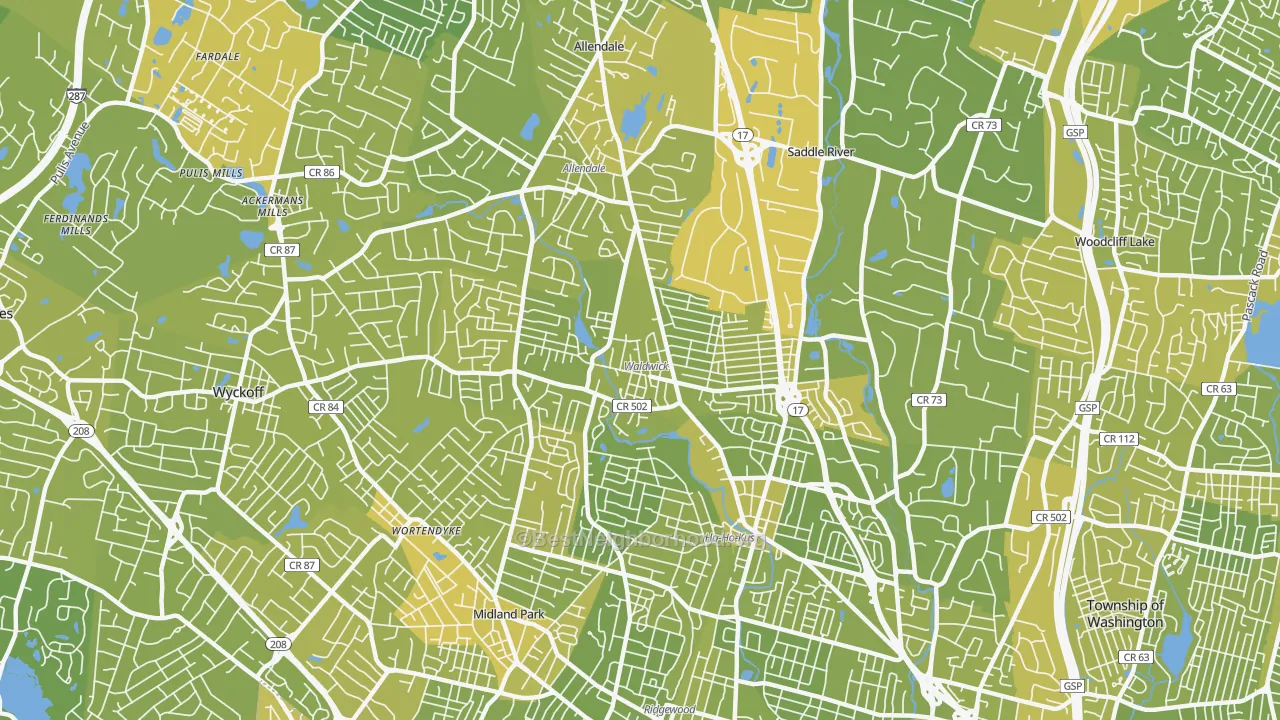 Map of the best neighborhoods in the 07463 area, with better matches in green and worse matches in red