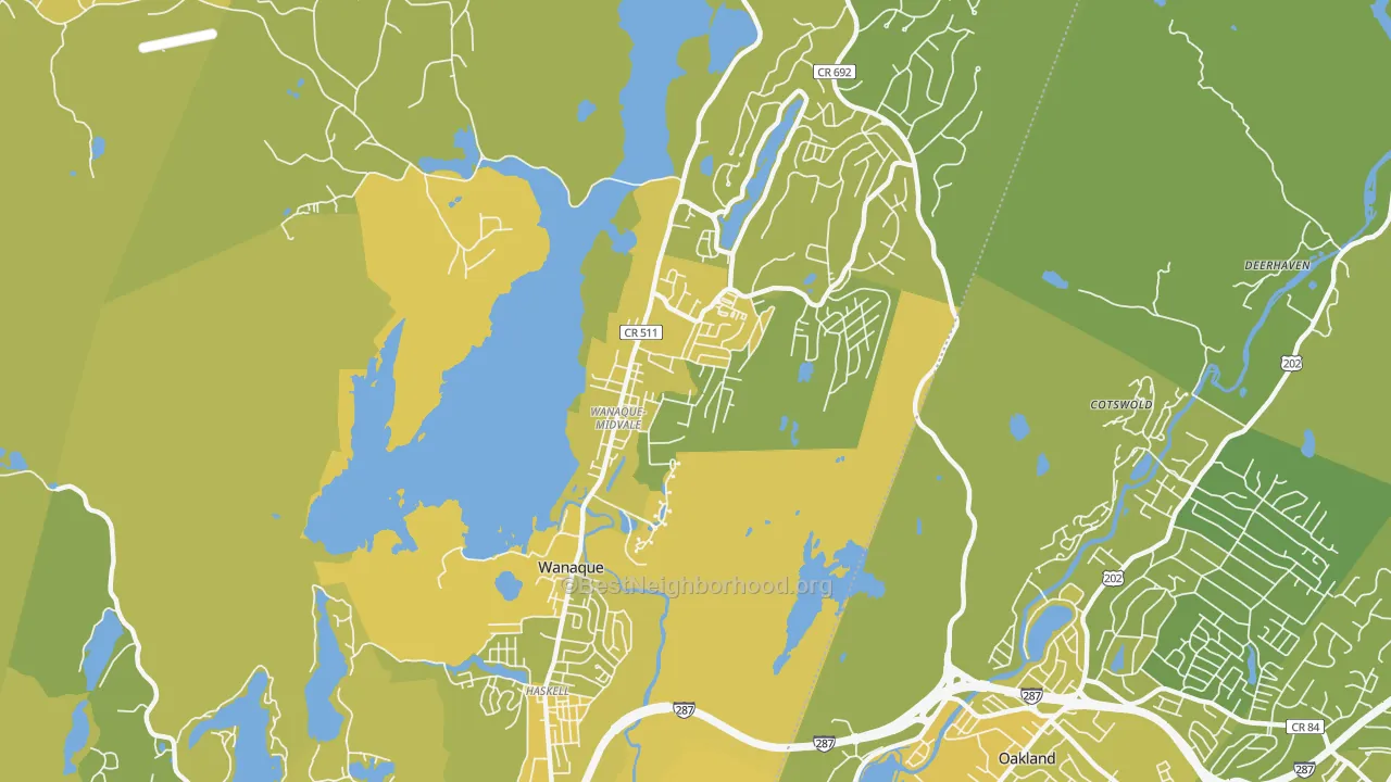 Map of the best neighborhoods in the 07465 area, with better matches in green and worse matches in red