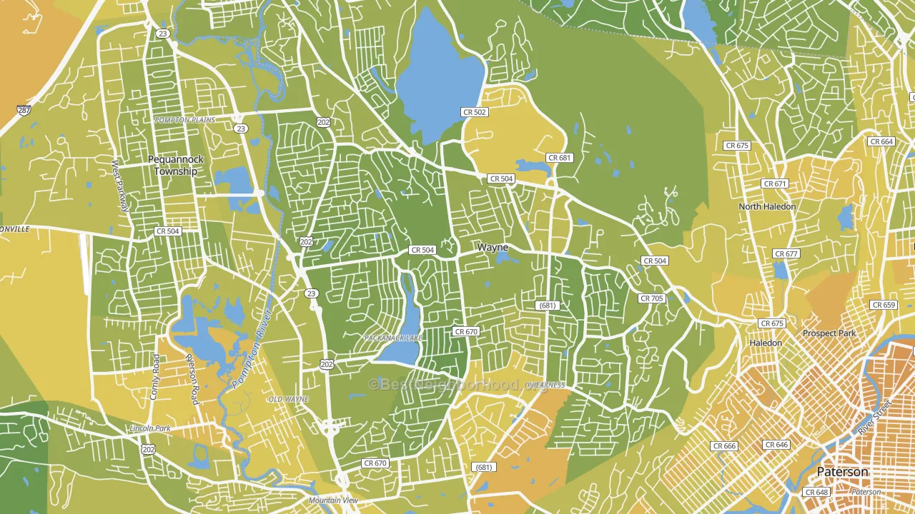 Map of the best neighborhoods in the 07470 area, with better matches in green and worse matches in red