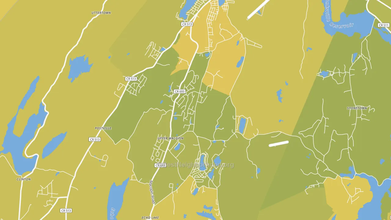 Map of the best neighborhoods in the 07480 area, with better matches in green and worse matches in red