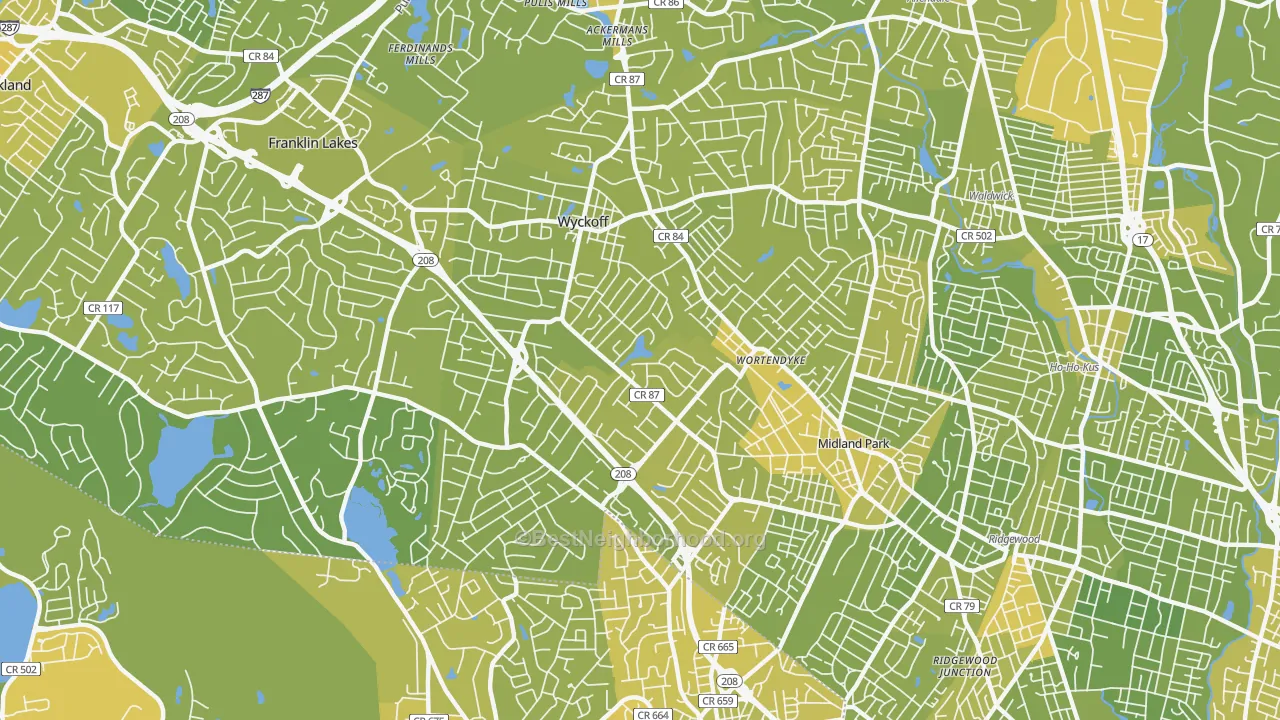 Map of the best neighborhoods in the 07481 area, with better matches in green and worse matches in red