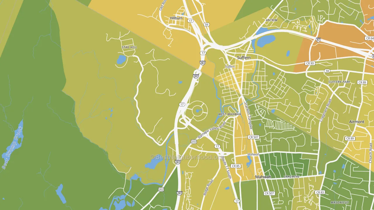 Map of the best neighborhoods in the 07495 area, with better matches in green and worse matches in red