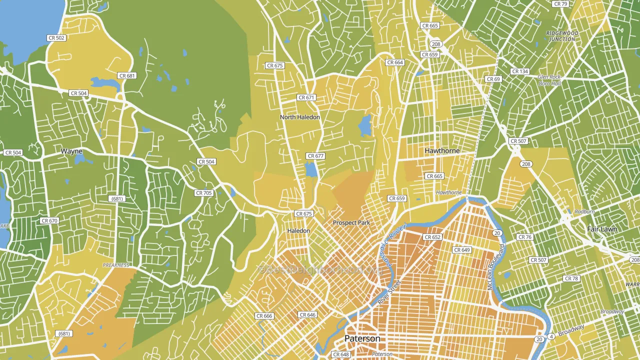 Map of the best neighborhoods in the 07508 area, with better matches in green and worse matches in red