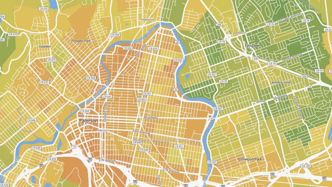 Map of the best neighborhoods in the 07514 area, with better matches in green and worse matches in red