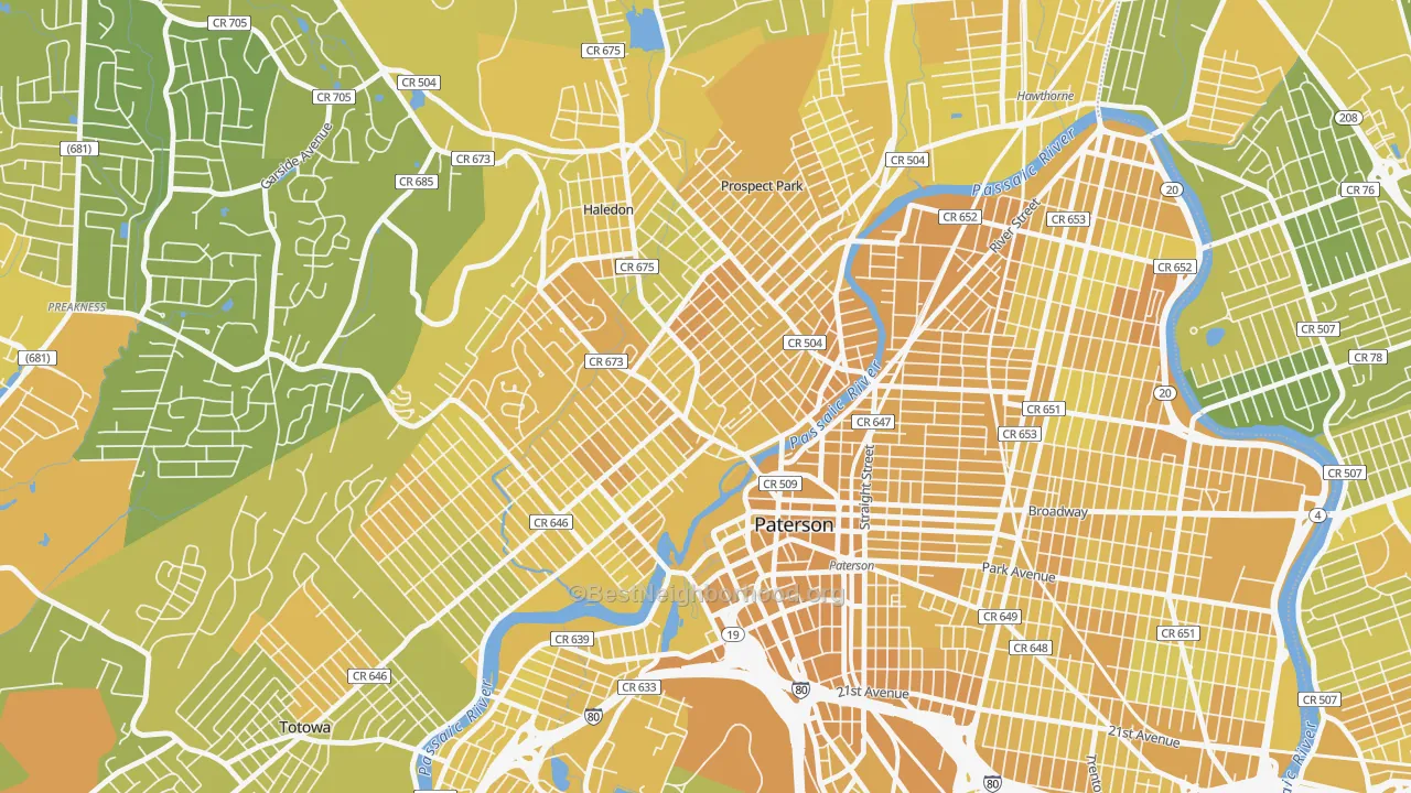 Map of the best neighborhoods in the 07522 area, with better matches in green and worse matches in red