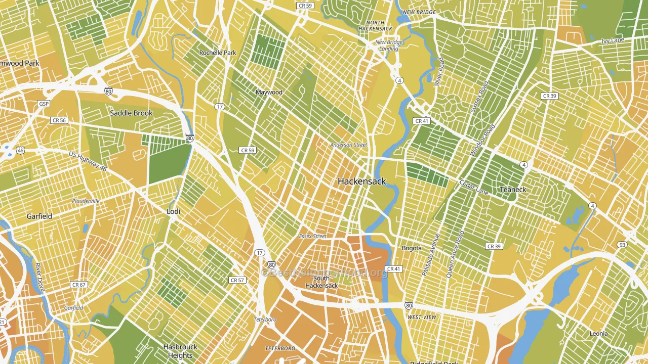 Map of the best neighborhoods in the 07601 area, with better matches in green and worse matches in red