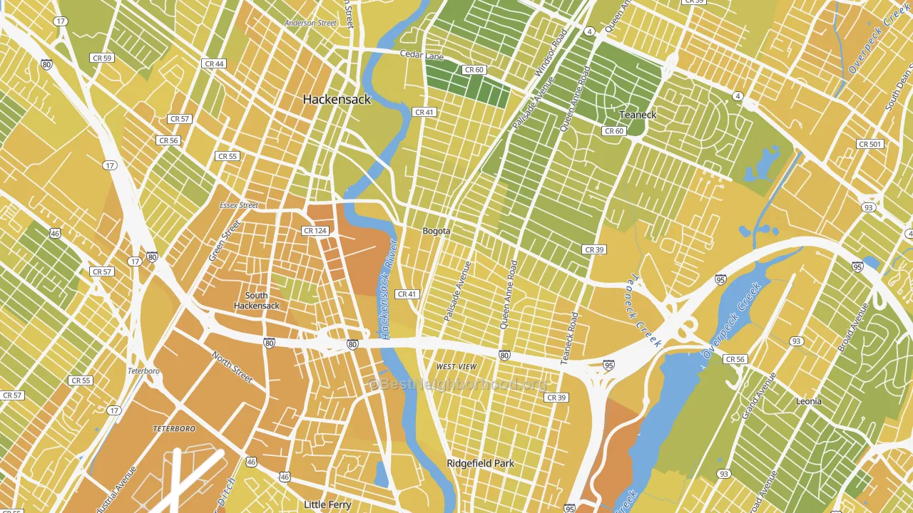 Map of the best neighborhoods in the 07603 area, with better matches in green and worse matches in red