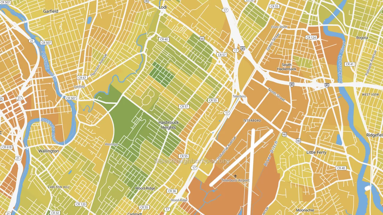 Map of the best neighborhoods in the 07604 area, with better matches in green and worse matches in red