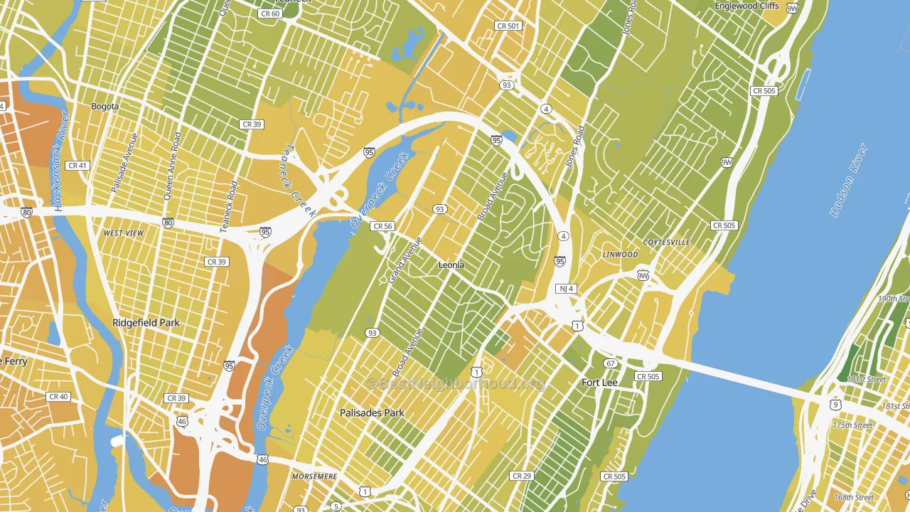 Map of the best neighborhoods in the 07605 area, with better matches in green and worse matches in red