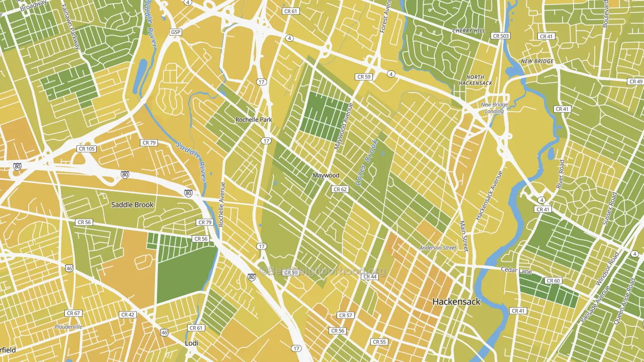 Map of the best neighborhoods in the 07607 area, with better matches in green and worse matches in red