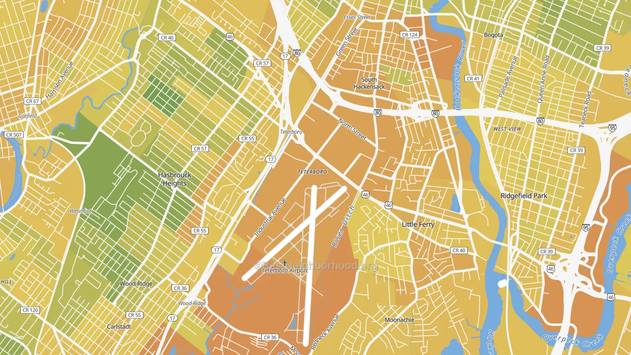 Map of the best neighborhoods in the 07608 area, with better matches in green and worse matches in red