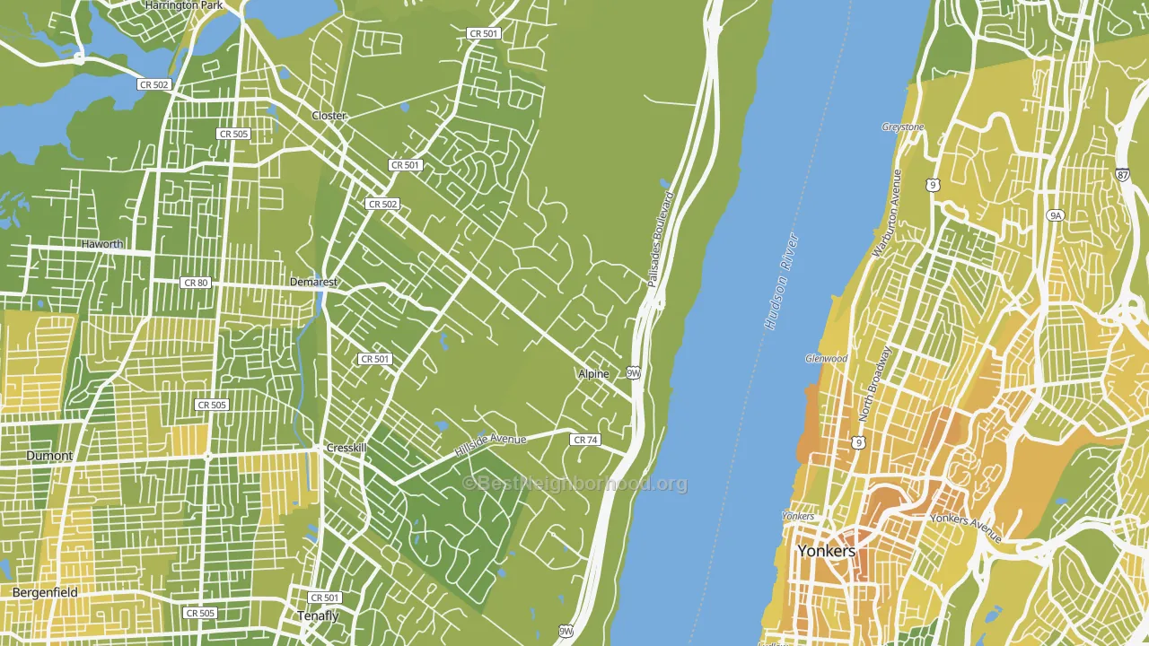 Map of the best neighborhoods in the 07620 area, with better matches in green and worse matches in red