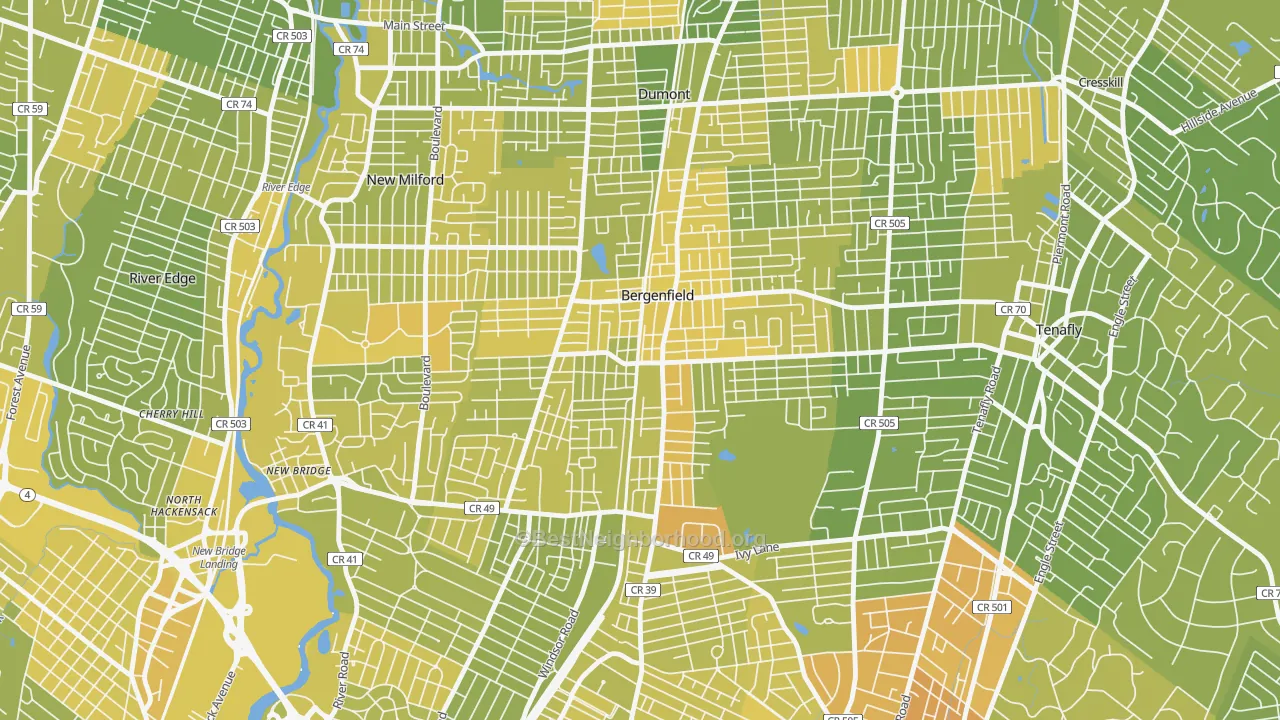 Map of the best neighborhoods in the 07621 area, with better matches in green and worse matches in red