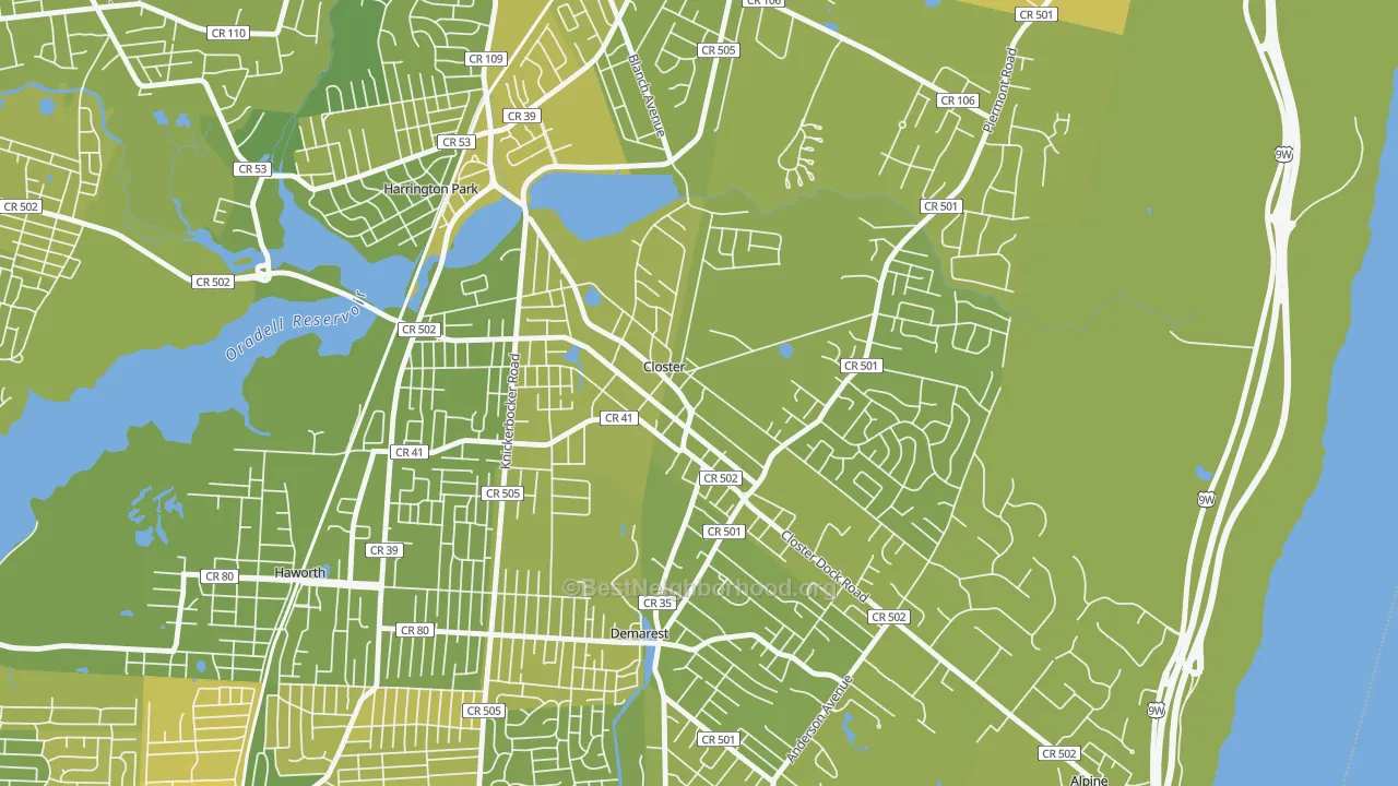 Map of the best neighborhoods in the 07624 area, with better matches in green and worse matches in red