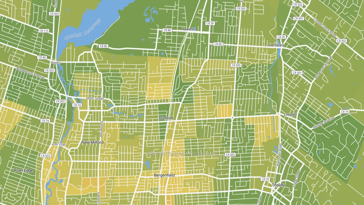 Map of the best neighborhoods in the 07628 area, with better matches in green and worse matches in red