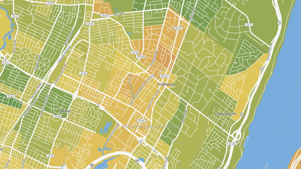Map of the best neighborhoods in the 07631 area, with better matches in green and worse matches in red