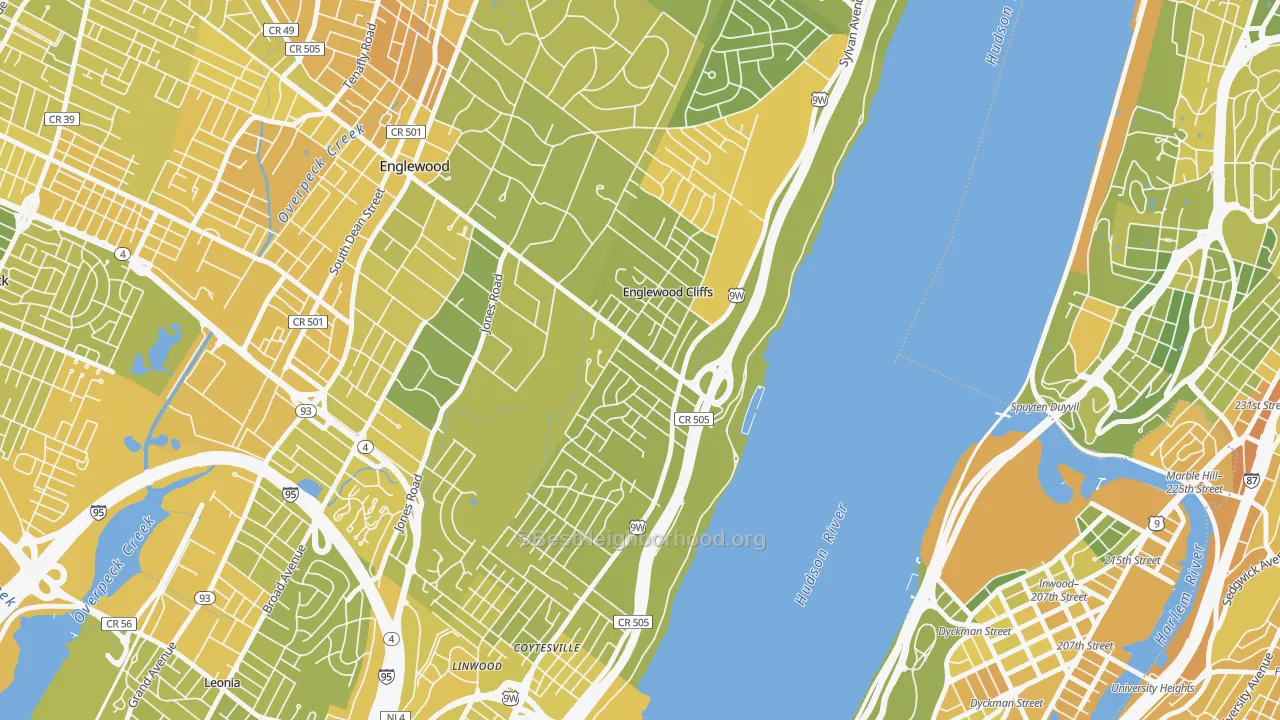 Map of the best neighborhoods in the 07632 area, with better matches in green and worse matches in red