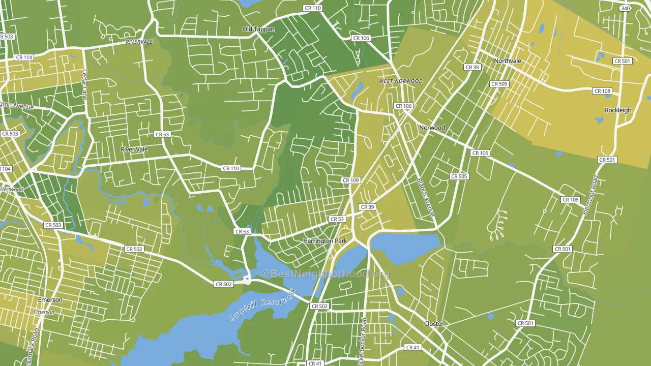 Map of the best neighborhoods in the 07640 area, with better matches in green and worse matches in red