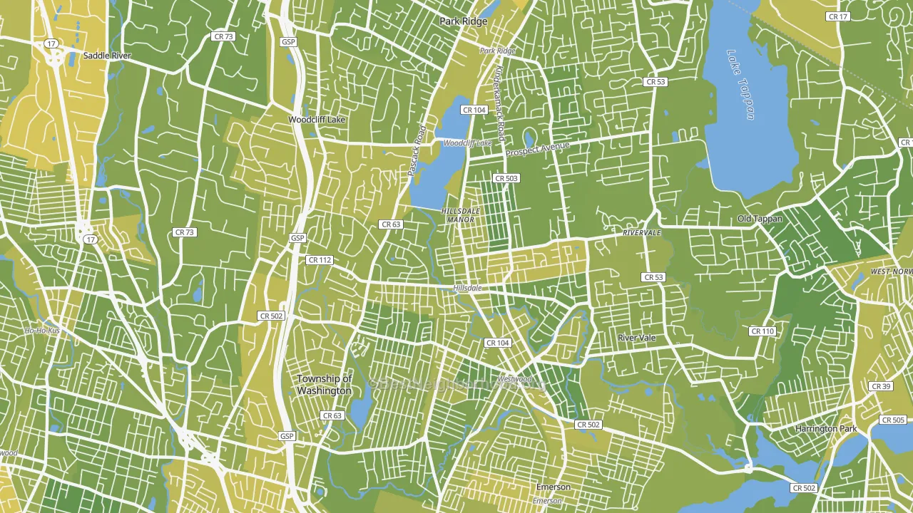 Map of the best neighborhoods in the 07642 area, with better matches in green and worse matches in red