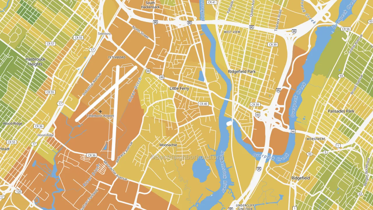 Map of the best neighborhoods in the 07643 area, with better matches in green and worse matches in red