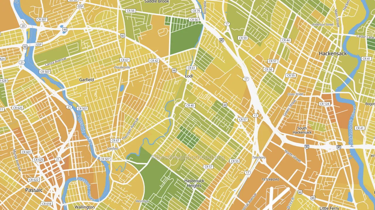 Map of the best neighborhoods in the 07644 area, with better matches in green and worse matches in red