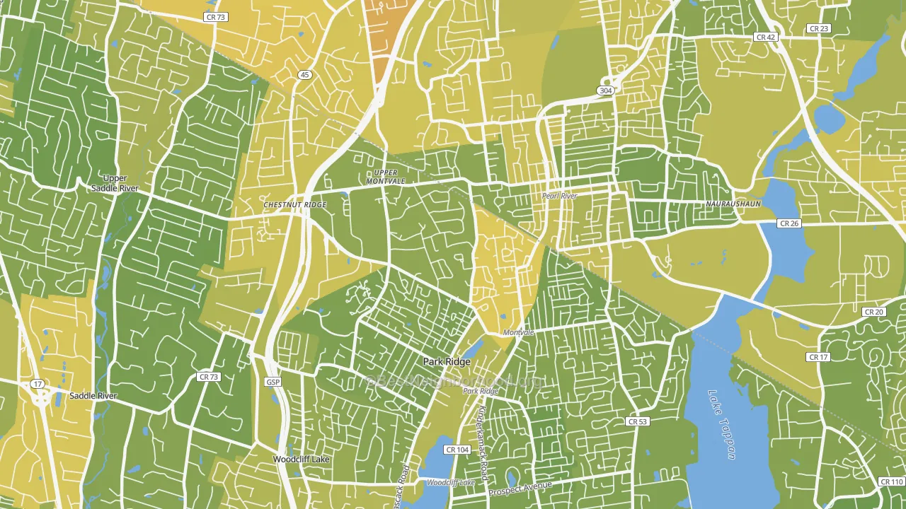 Map of the best neighborhoods in the 07645 area, with better matches in green and worse matches in red