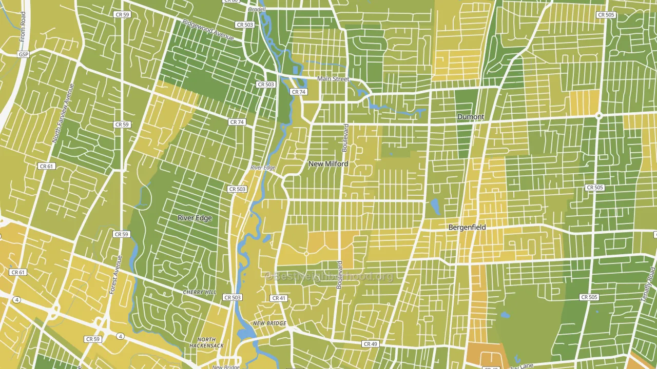 Map of the best neighborhoods in the 07646 area, with better matches in green and worse matches in red