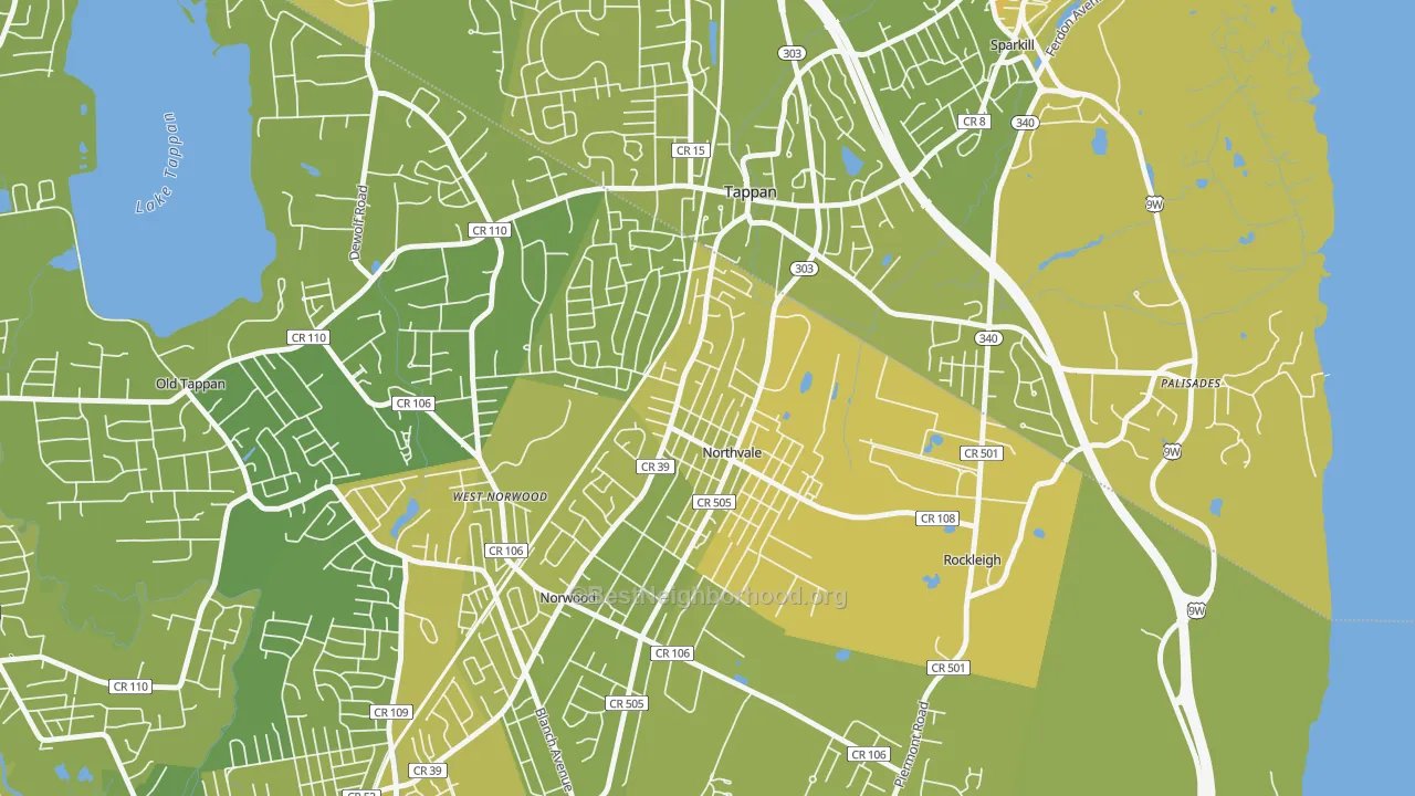 Map of the best neighborhoods in the 07647 area, with better matches in green and worse matches in red