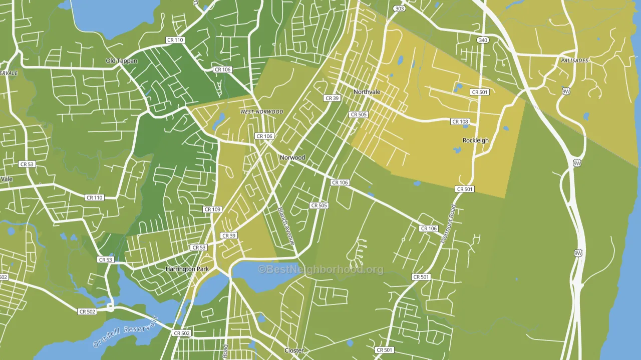 Map of the best neighborhoods in the 07648 area, with better matches in green and worse matches in red