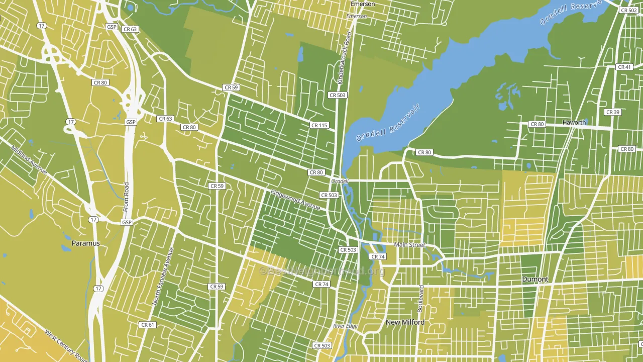 Map of the best neighborhoods in the 07649 area, with better matches in green and worse matches in red