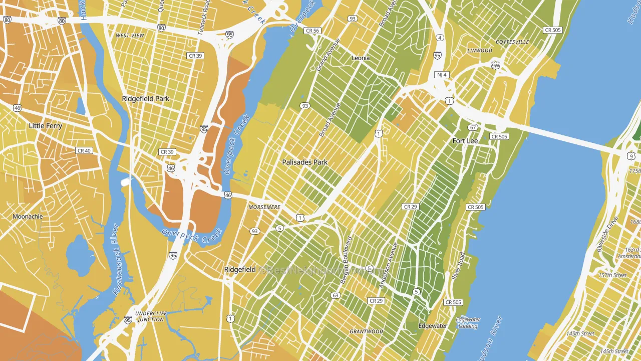 Map of the best neighborhoods in the 07650 area, with better matches in green and worse matches in red