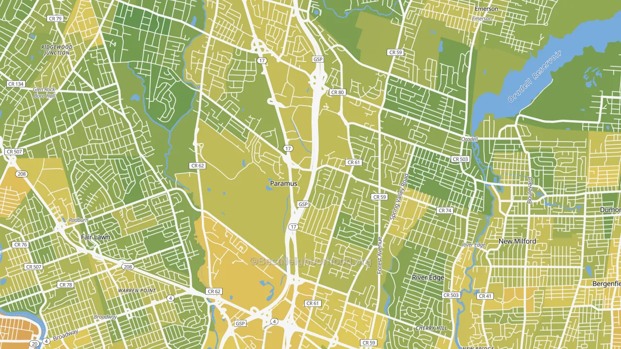 Map of the best neighborhoods in the 07652 area, with better matches in green and worse matches in red