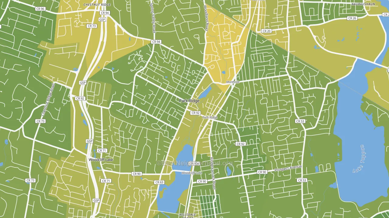 Map of the best neighborhoods in the 07656 area, with better matches in green and worse matches in red