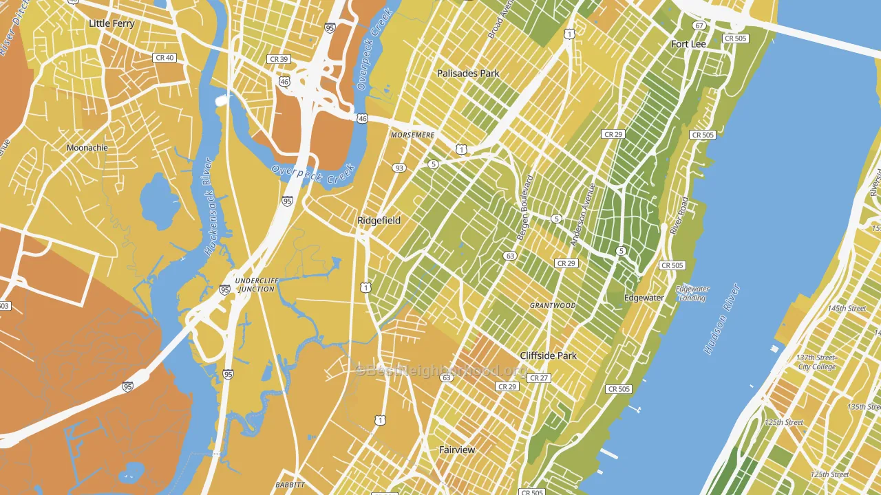 Map of the best neighborhoods in the 07657 area, with better matches in green and worse matches in red