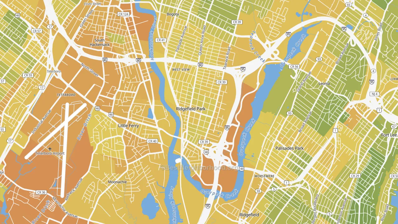 Map of the best neighborhoods in the 07660 area, with better matches in green and worse matches in red