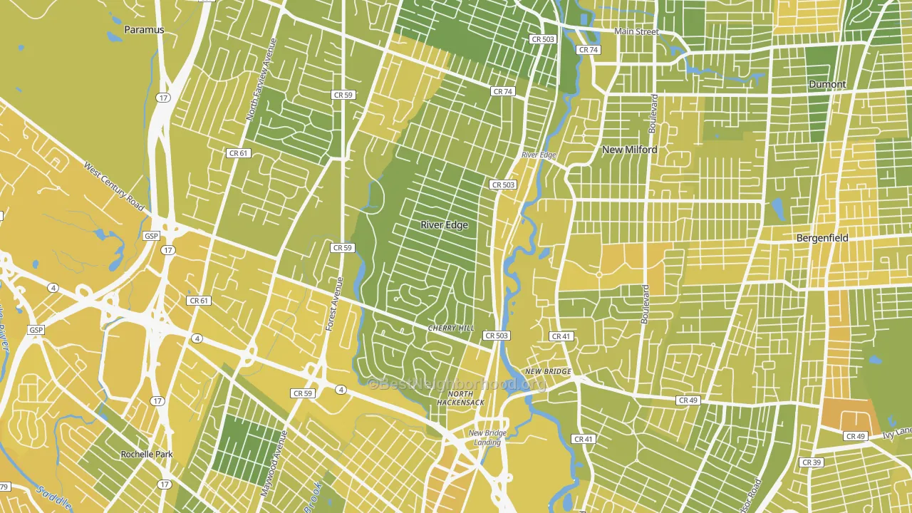 Map of the best neighborhoods in the 07661 area, with better matches in green and worse matches in red