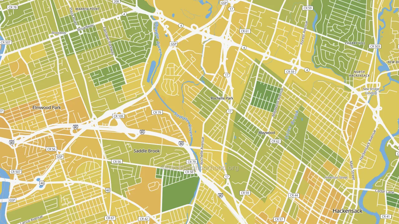 Map of the best neighborhoods in the 07662 area, with better matches in green and worse matches in red