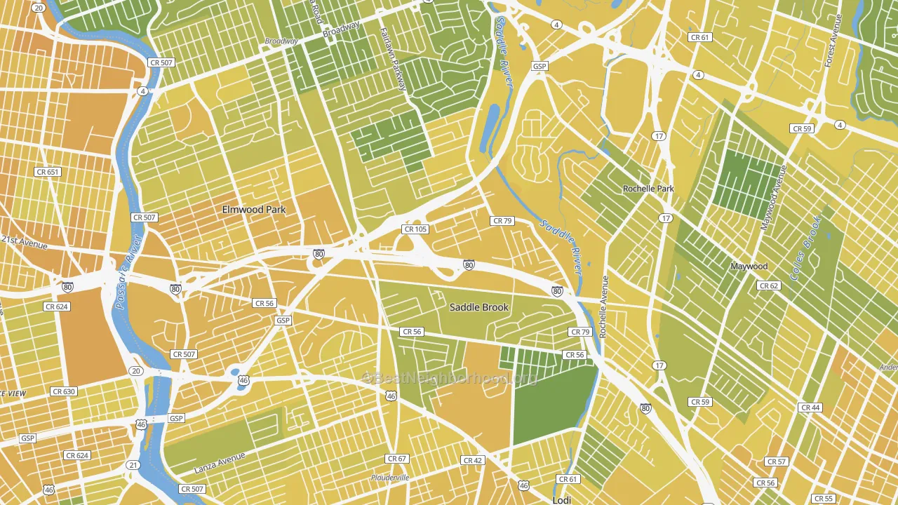 Map of the best neighborhoods in the 07663 area, with better matches in green and worse matches in red