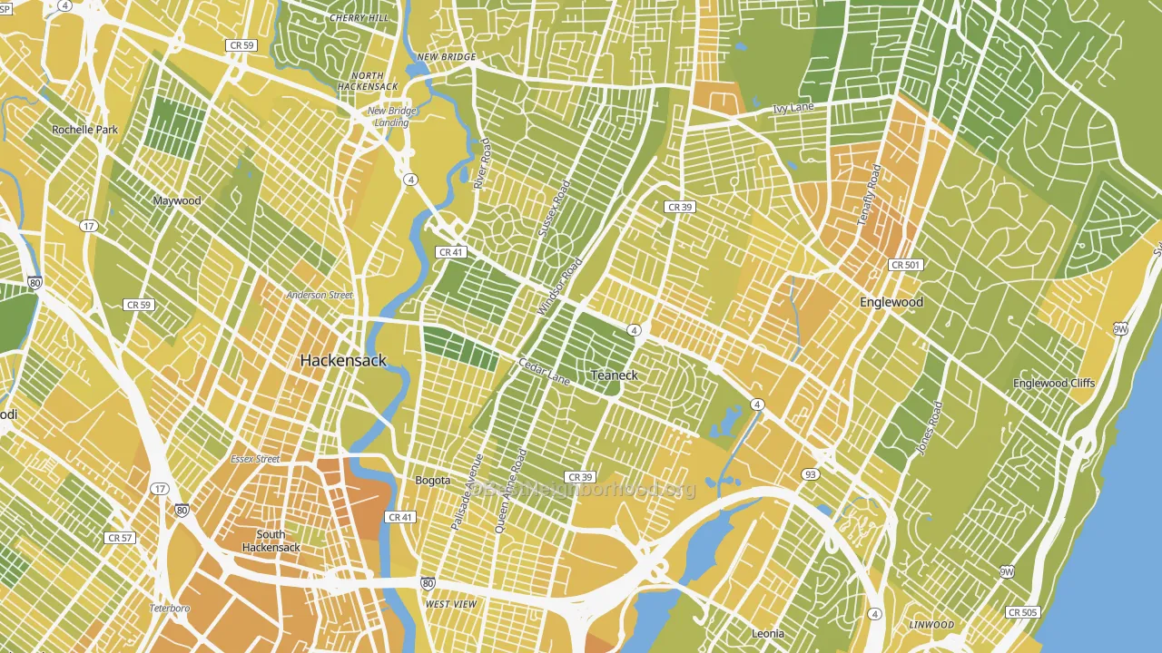 Map of the best neighborhoods in the 07666 area, with better matches in green and worse matches in red