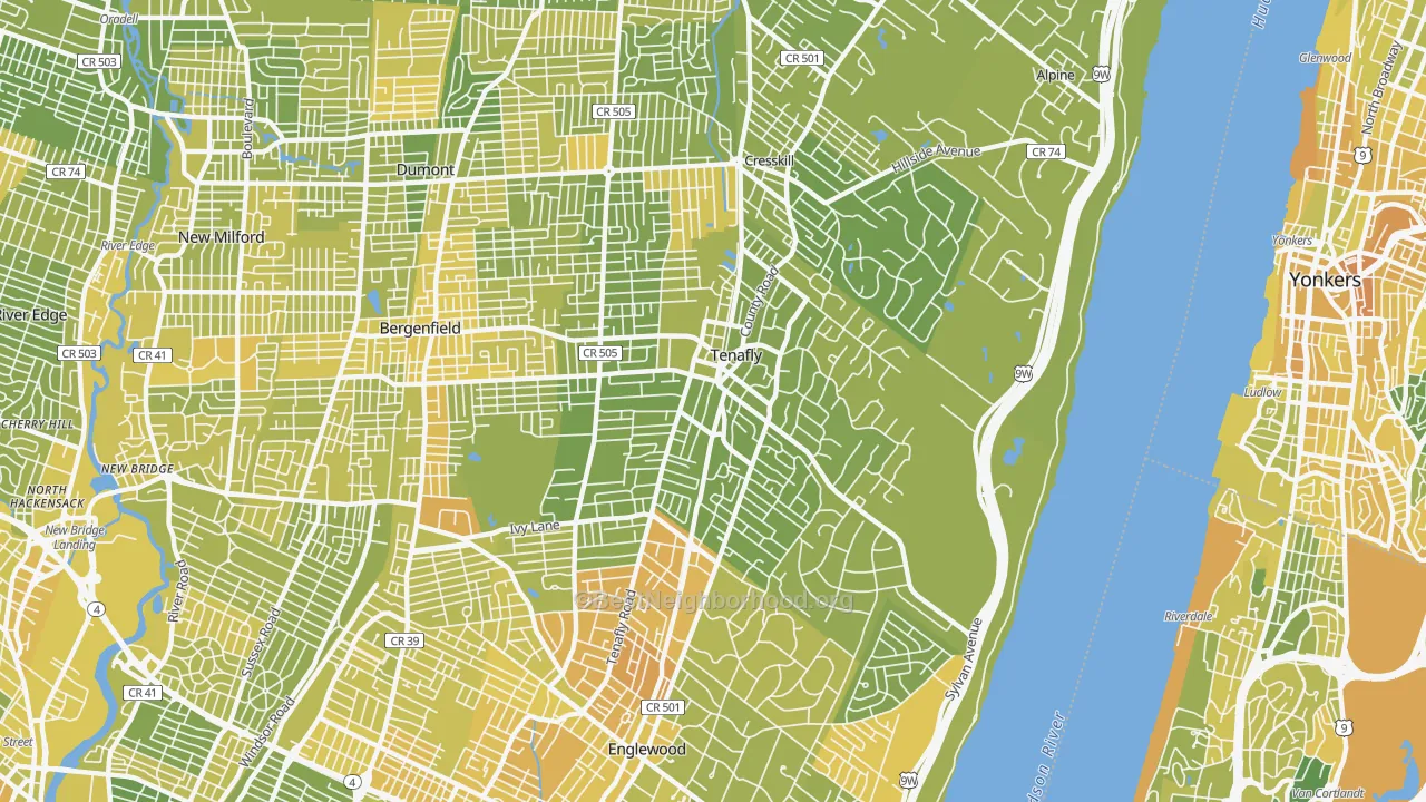 Map of the best neighborhoods in the 07670 area, with better matches in green and worse matches in red