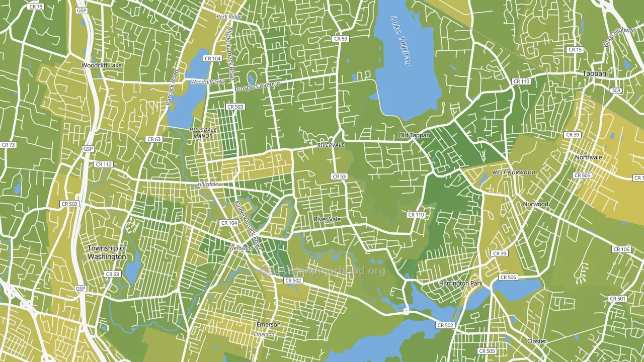 Map of the best neighborhoods in the 07675 area, with better matches in green and worse matches in red