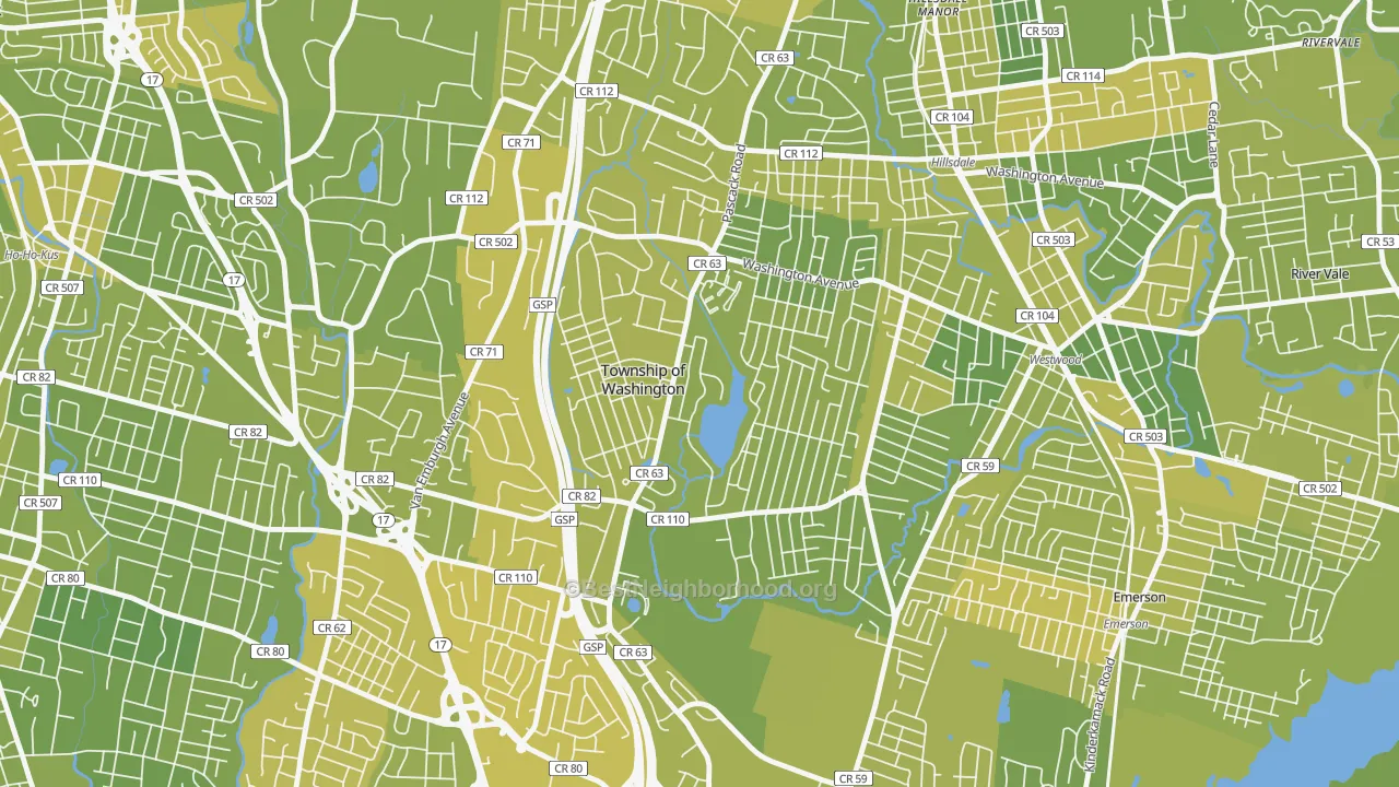 Map of the best neighborhoods in the 07676 area, with better matches in green and worse matches in red