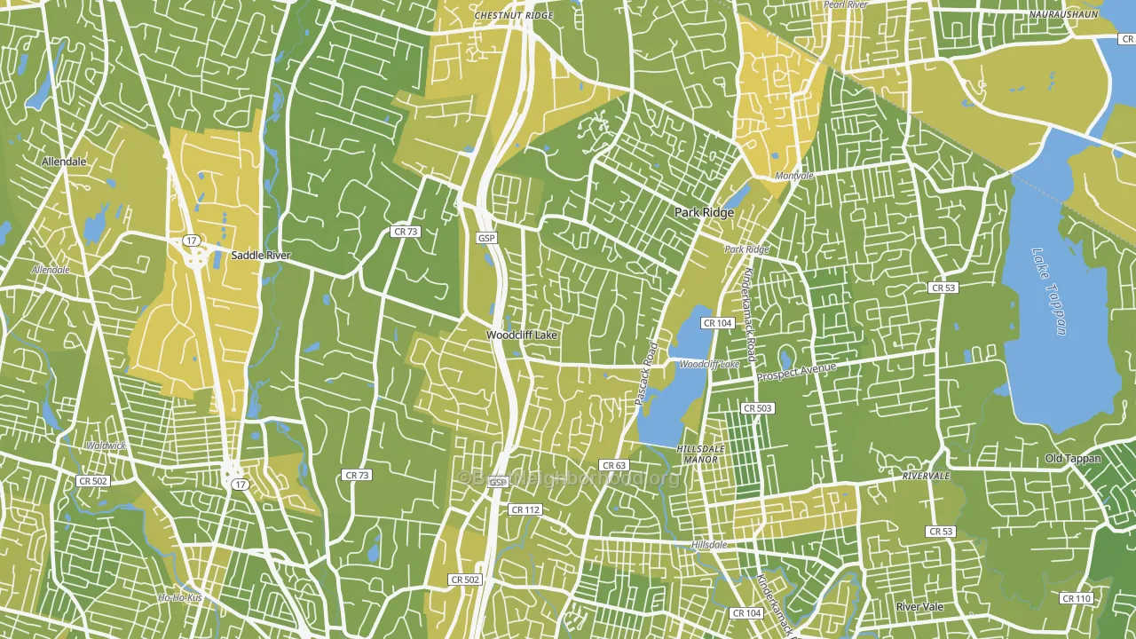 Map of the best neighborhoods in the 07677 area, with better matches in green and worse matches in red