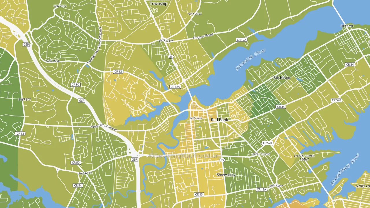 Map of the best neighborhoods in the 07701 area, with better matches in green and worse matches in red