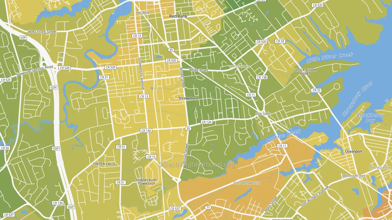 Map of the best neighborhoods in the 07702 area, with better matches in green and worse matches in red