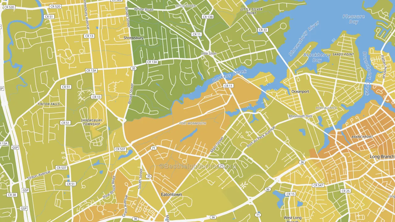 Map of the best neighborhoods in the 07703 area, with better matches in green and worse matches in red