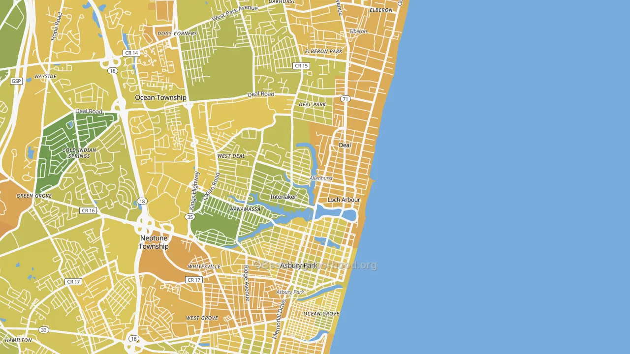 Map of the best neighborhoods in the 07711 area, with better matches in green and worse matches in red